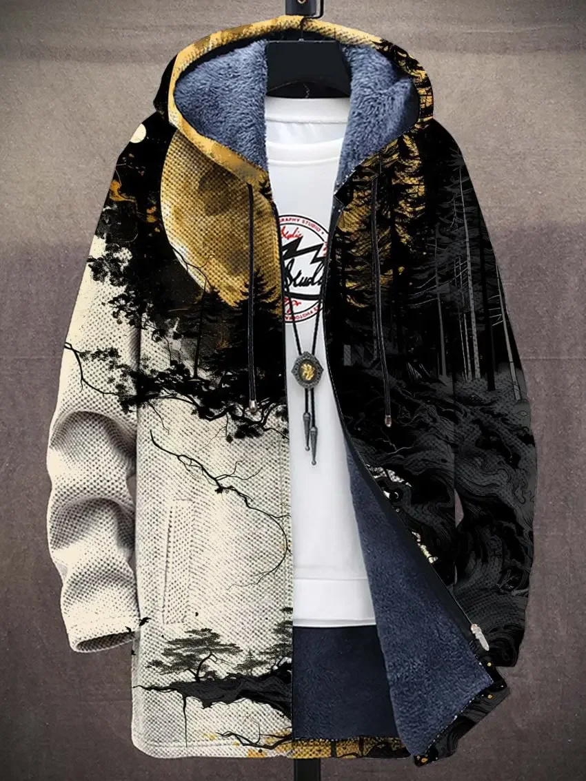 

Ink Moon Landscape Unisex Plush Thick Long-Sleeved Sweater Cardigan Coat Men's Thick Warm Jacket
