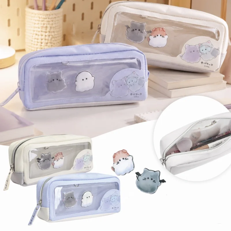 Cute Pencil Bags Portable Straight Zipper Canvas Pencil Cases Large Capacity Transparent Pen Bag Students Stationary Supplies