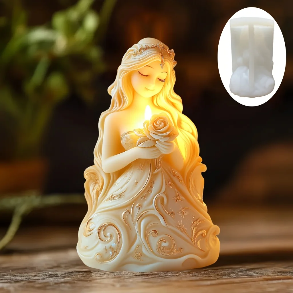 Beautiful Kingdom Princess Holding Flower Candle Silicone Mold Elegant Noble Princess Holding Rose Princess Resin Plaster Molds