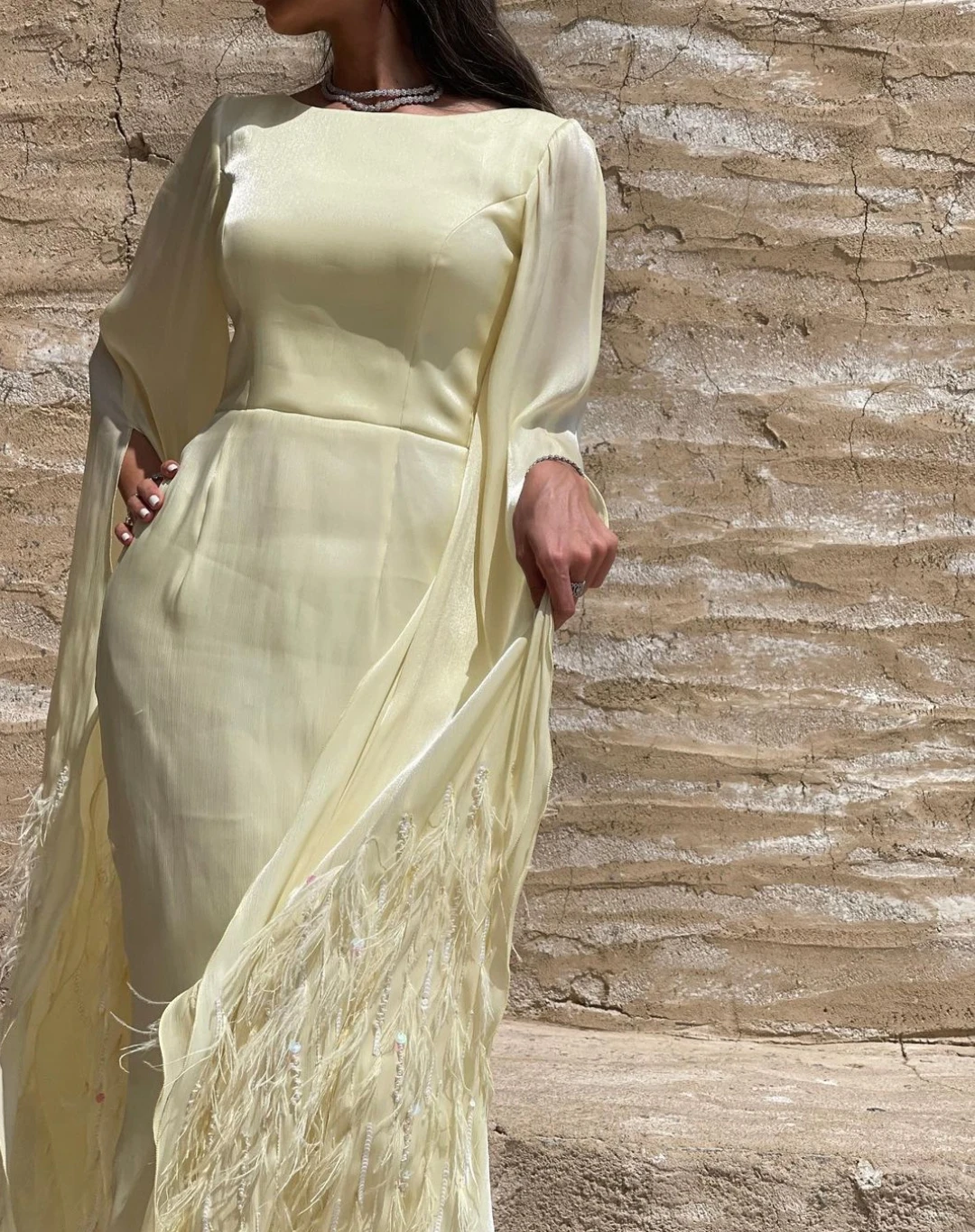 AsaNagi Yellow Shiny Satin Prom Dresses Feathers O Neck Ankle-Length Women Vintage Formal Party Dress 2023 فستان سهرة نسائي