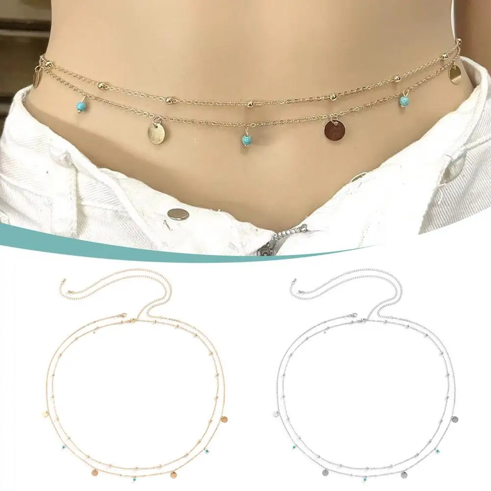 ฤดูร้อนชายหาดบิกินี่เอวสําหรับหญิงสาว Double Layer Boho Sequins ลูกปัดเอว Belly Chain เซ็กซี่ Body Chain Jewe B3N2