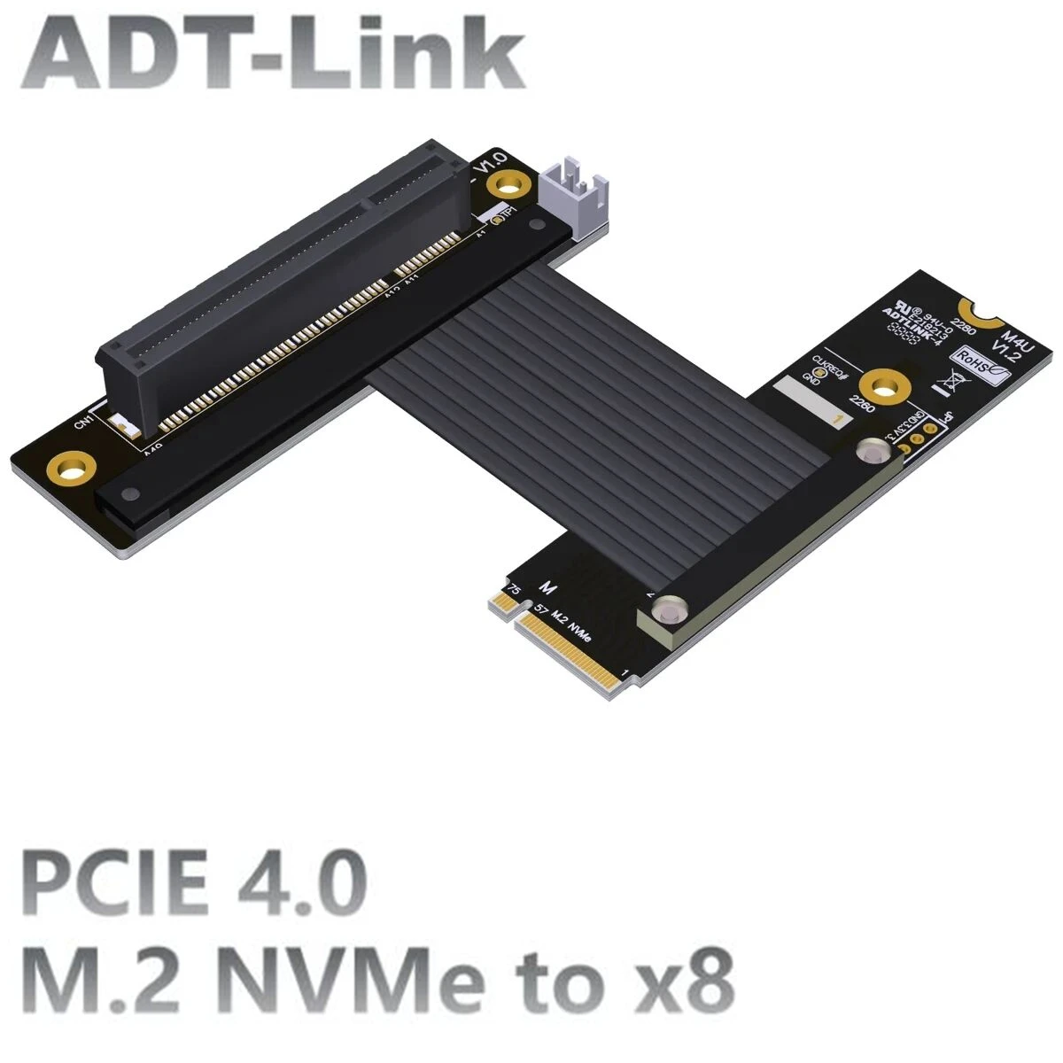 

ADT-Link M.2 NVMe to PCI-Express 4.0 x8 Riser Cable Male to Female Adapter PCI-e x8 LAN, RAID SSD Cards to M.2(ultra SSD, M-key)