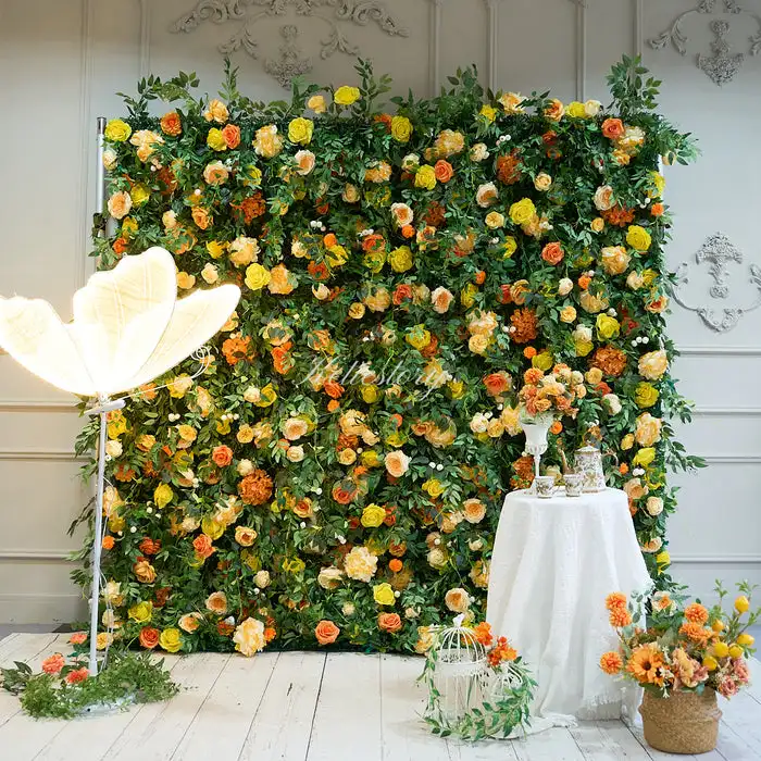 

3D Wedding Series Yellow Pink Rose Green leaf roll cloth artificial plant flower wall Outdoor wedding background decorative wall