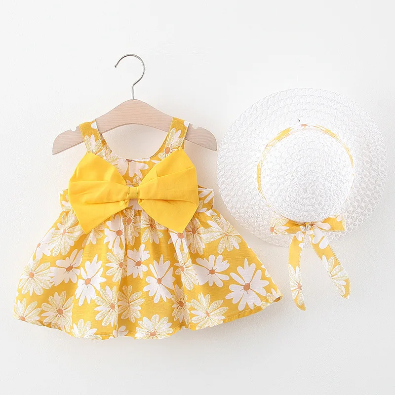 

2Piece Summer Newborn Girls Clothes Korean Fashion Cute Flowers Print Sleeveless Bow Princess Dress+Sunhat Baby Clothing B225