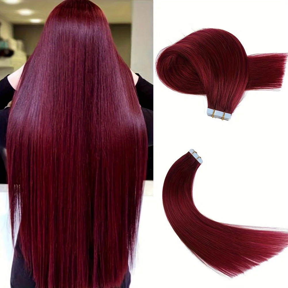 99J# Burgundy Invisible Tape Hair Extensions Hand Tied Tape In Hair Extensions Human Hair Adhesive Tape Extension 14-24inch