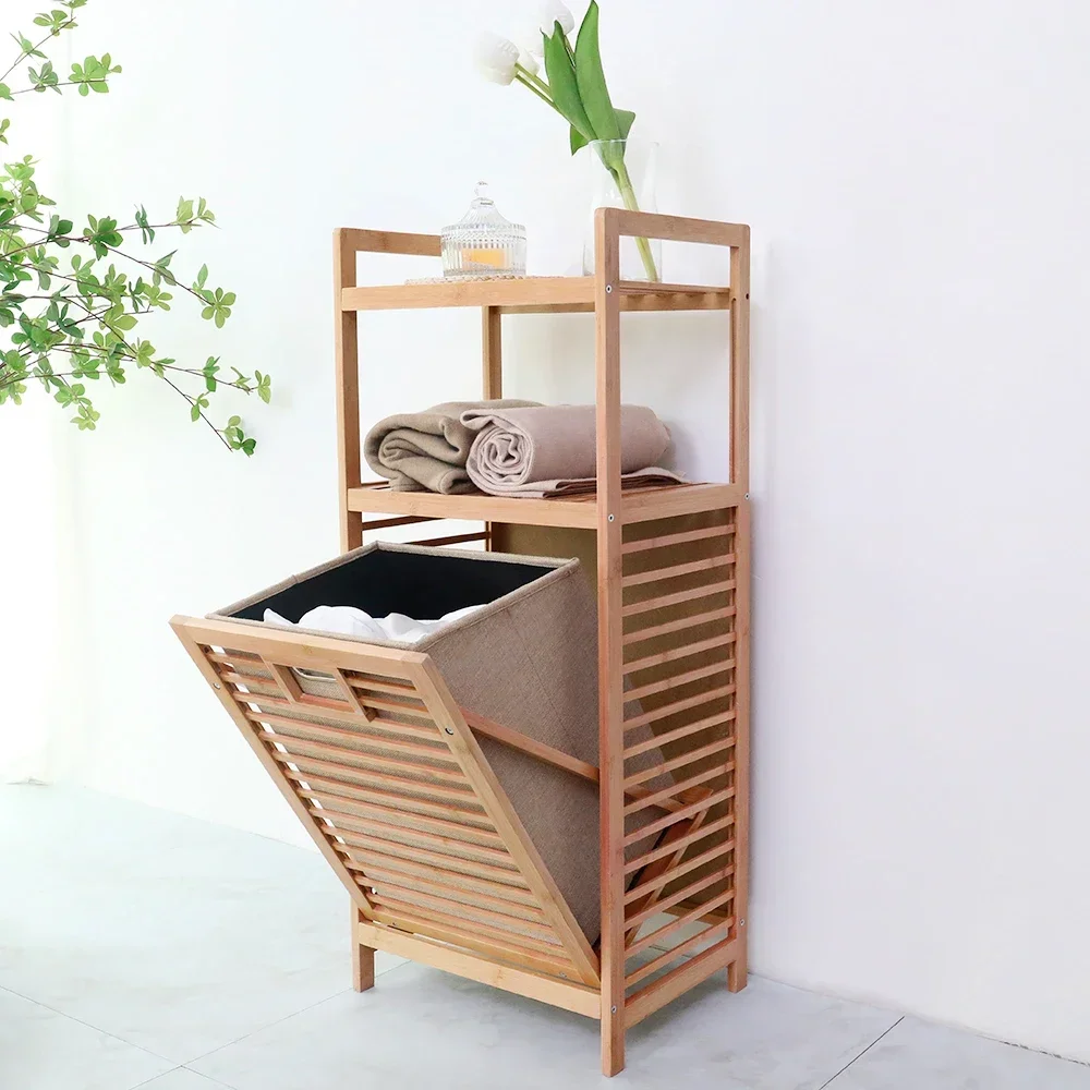 Bamboo Double Layer Bathroom Dirty Laundry Storage Basket with Lid Multifunctional Household  Bedroom Clothes Placing Cabinets