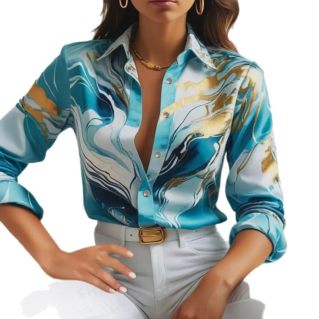 

2024 Новая трансграничная свободная рубашка на пуговицах с длинными рукавами и лацканами, рубашка с 3D цифровой печатью Cw70867