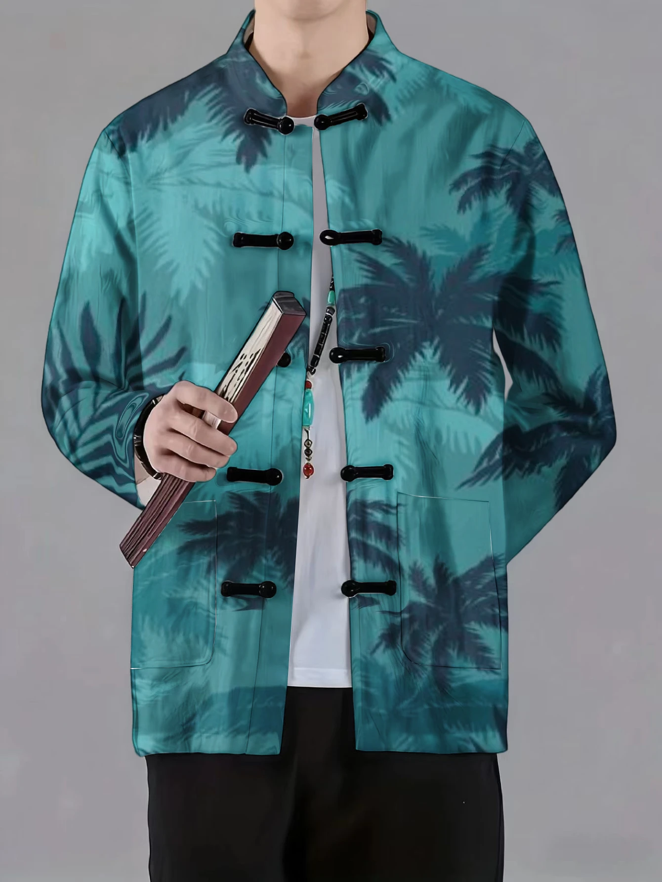 Men Mandarin Collar Frog Button Jacket Tropical Coastal Botanical Art Print Traditional Outerwear