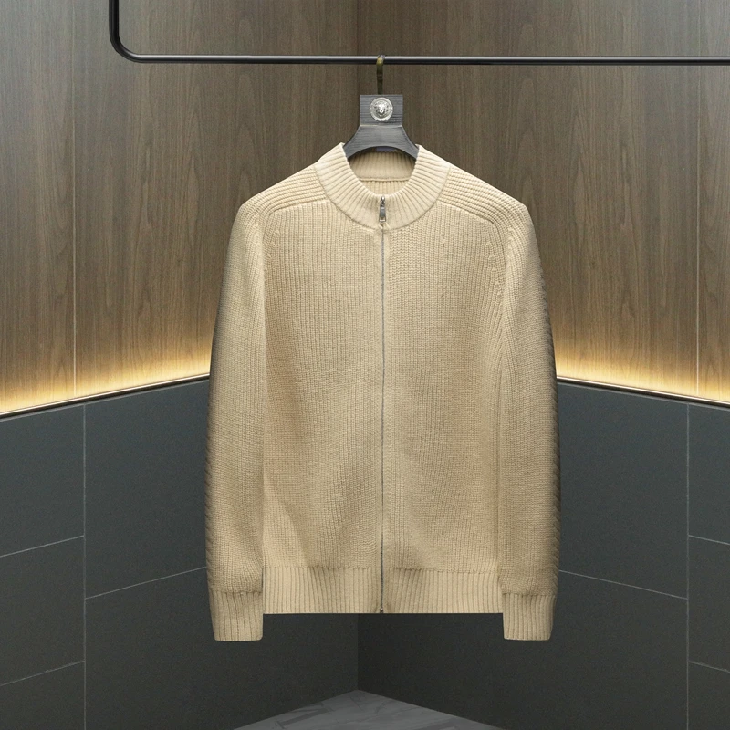 

2025 New Men's Knitted Open Cardigan Jaet Zipper Thiened Collar Pure Color Sweater Outerwear Sli Casual Wear for Youth