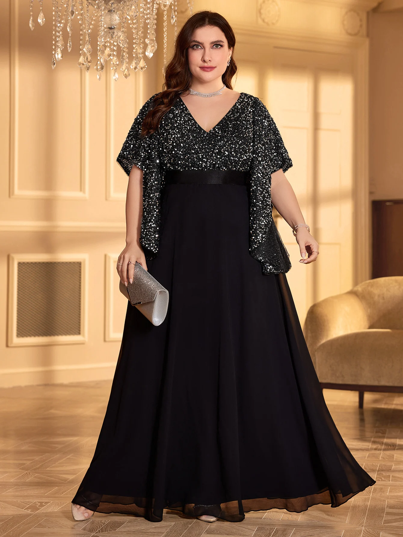 

UNITHORSE Plus Size Sequin Patchwork Chiffon Batwing Sleeve Dress Evening Gown for Women Glittering Maxi Dress