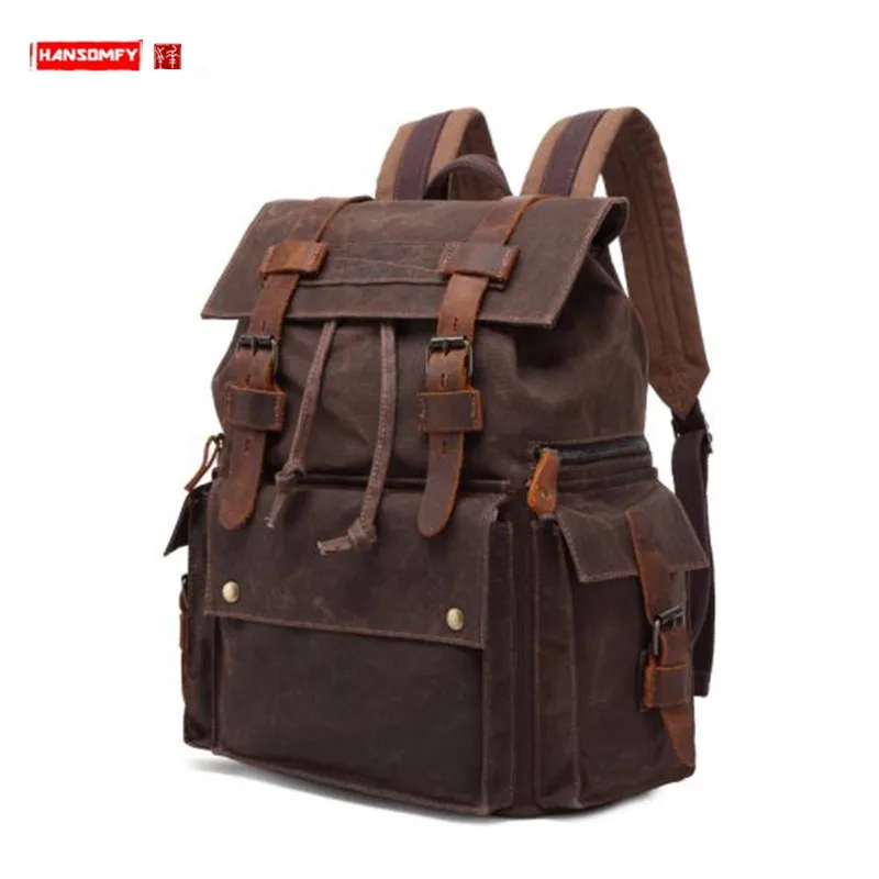 

Men Backpacks Shoulder Bag Oil Wax Canvas Bag Luggage Backpack 15.6" Laptop Waterproof Casual Men's Travel Bags