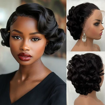 100% เวียดนามผมสั้น Pixie ตัดวิกผมผู้หญิงสีดํา 8 