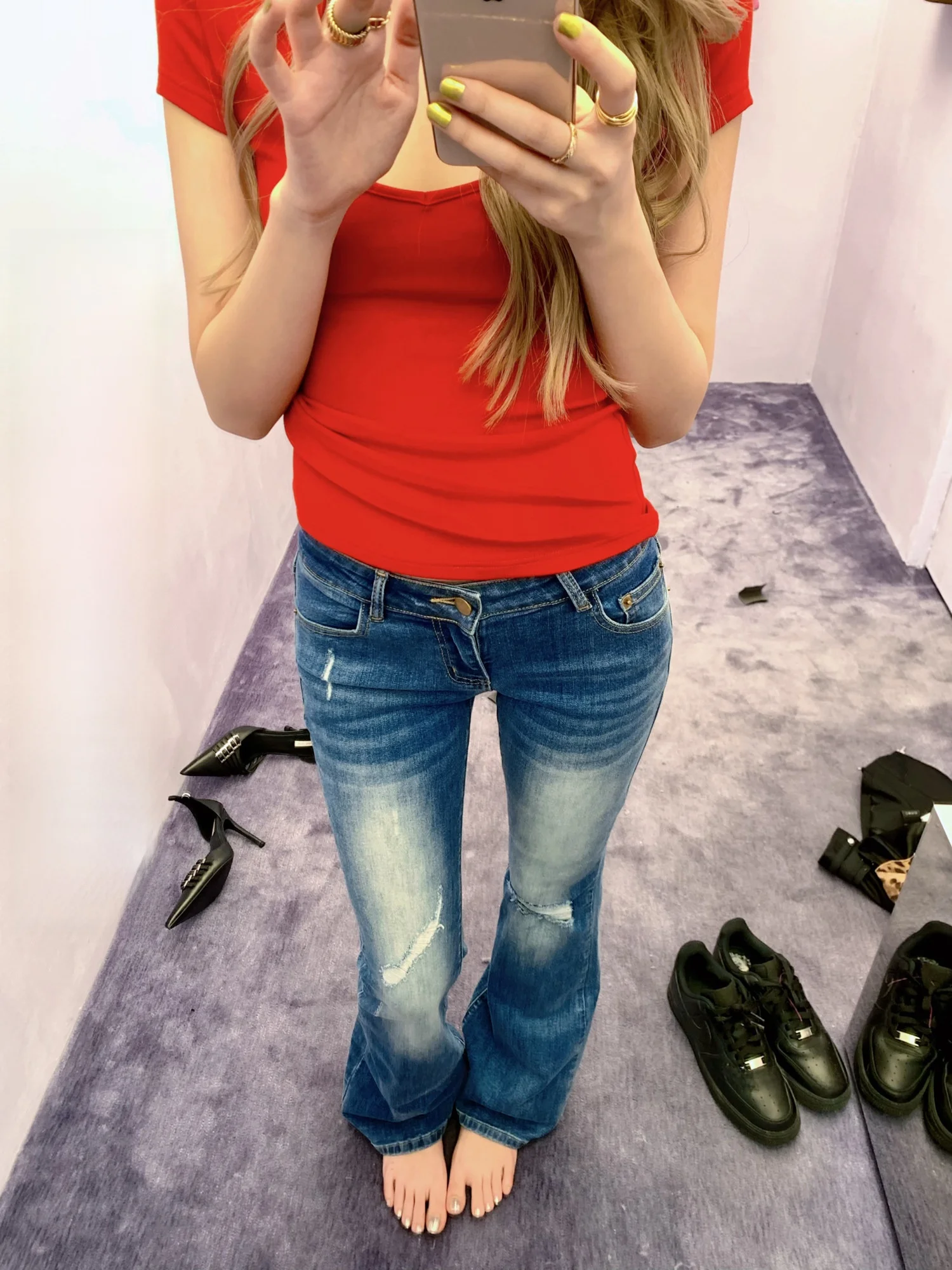 

Retro Blue Flared Jeans Women's Slimming Straight Leg Pants Casual Style Natural Waist Break Hole Cotton Blend Spring New