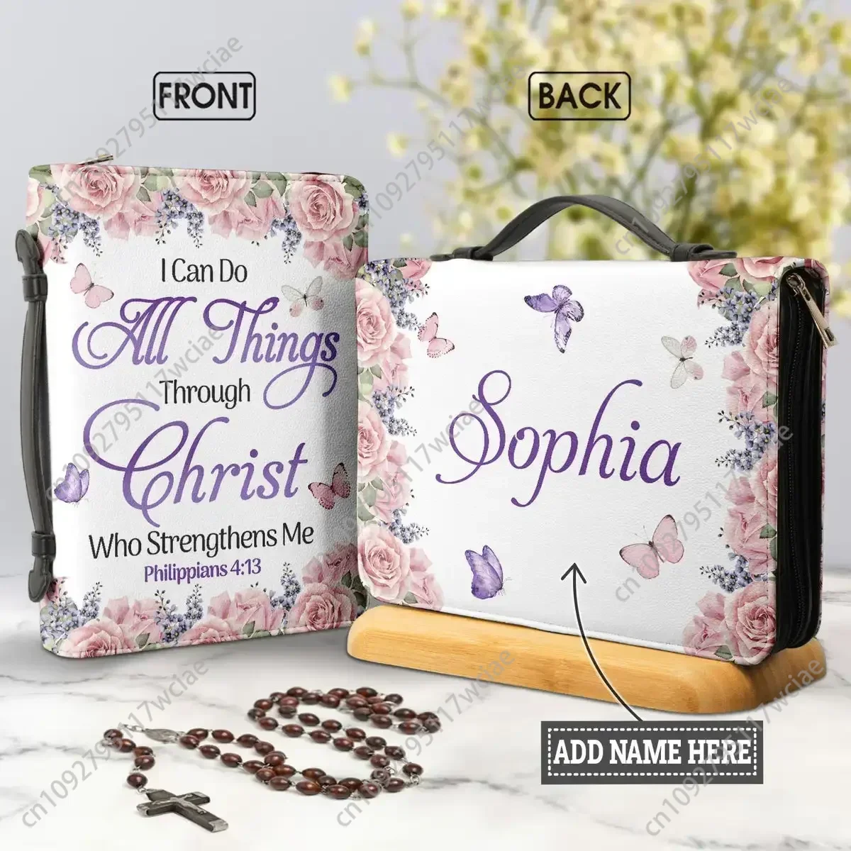 

Womens Personalized Bible Bag Floral Butterflies Print Zippered Handle Study Book Holy Storage Boxes Exquisite Bible Cover