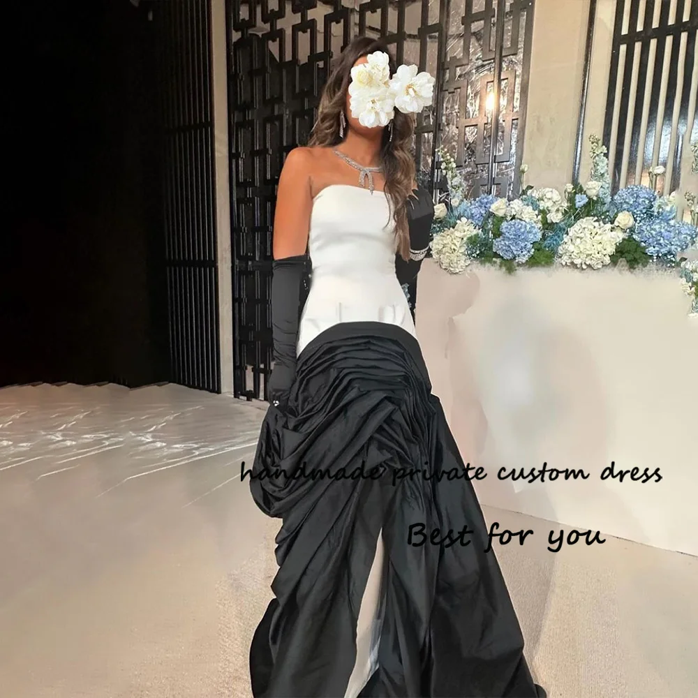 

Black White Mermaid Evening Party Dresses with Slit Pleats Satin Strapless Arabian Dubai Prom Dress Floor Length