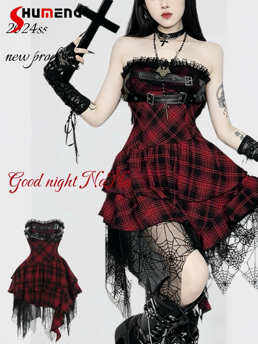 

American Retro Punk Style Sexy Hot Girl Sleeveless Strapless PU Belts Lace Splicing High Waist Irregular Plaid Short Dress Women