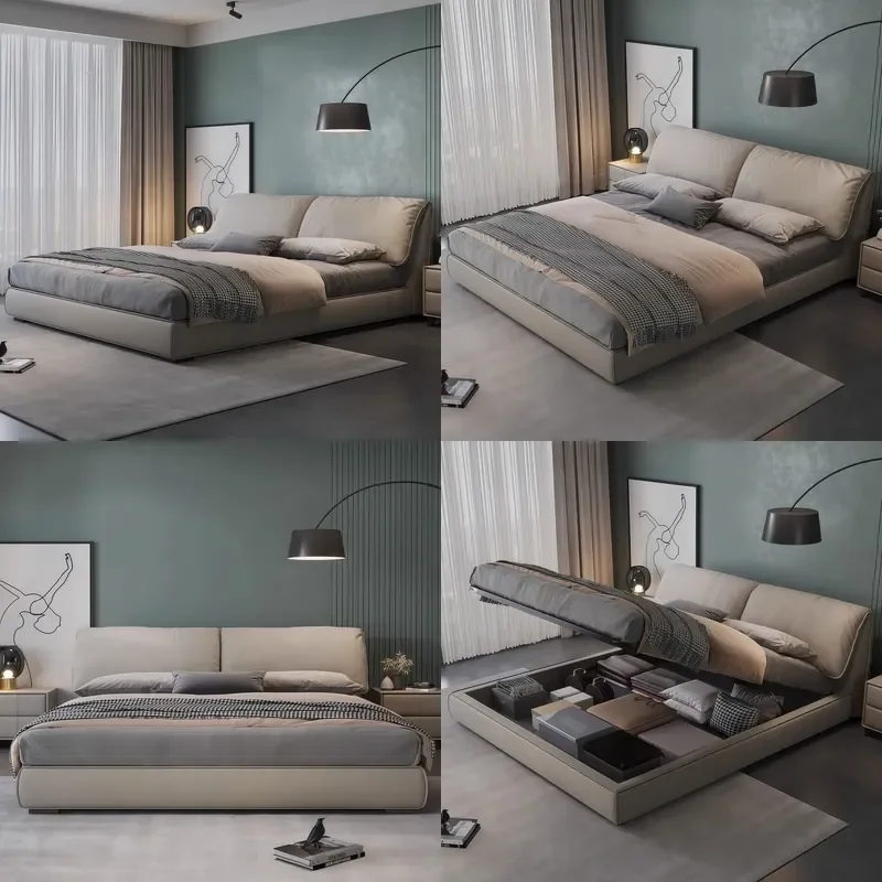 Modern Upholstered Double Bed with Storage Soft Fabric Frame for Master Bedroom Wedding Home Furniture