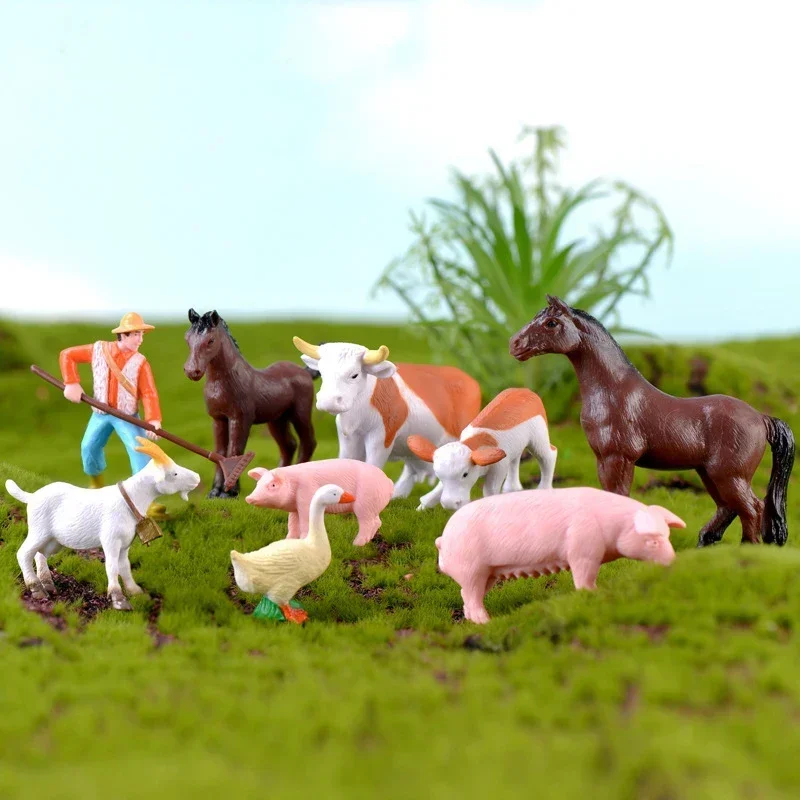 1PC Farmer Horse Cow Animal Farm Human Figure Worker Farmer Action Figure PVC People Model Miniature Figurine Fairy Garden Decor