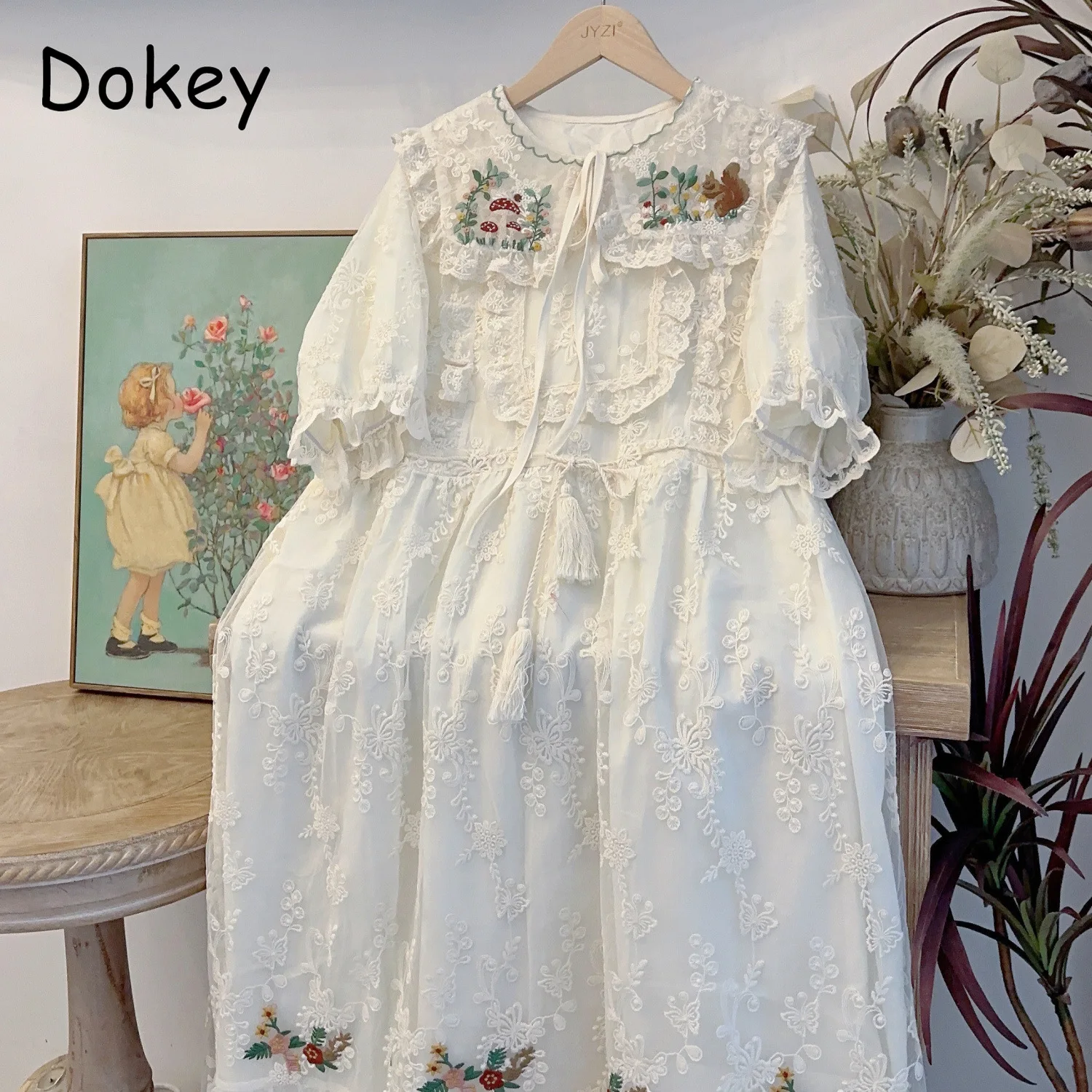 Vintage Embroidery White Lace Dress Women Mori Girl Peter Pan Collar Kawaii Dress Japan Style Short Sleeve Loose Midi Vestidos