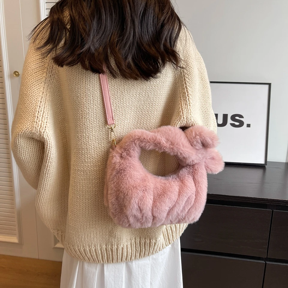 

Knotted Fluffy Tote Women's Bag Winter Small Plush Messenger Bag Y2K Furry Handbag Fur Shoulder Bag Pleated Cloud Bag Kawaii Sac