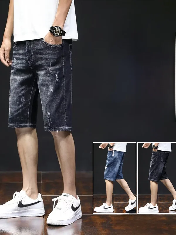 Summer Thin Men's Ripped Denim Shorts Loose Straight Leg Five-Point Casual Slimming Mid-Pants  Jeans Trendy