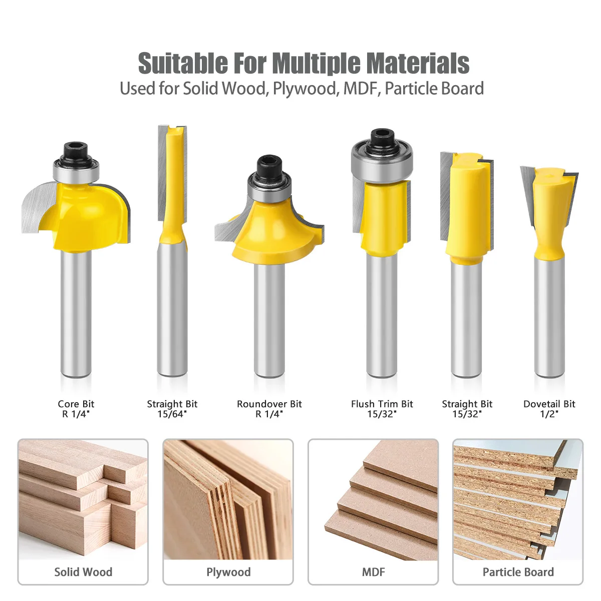 6PCS 1/4" 6mm Shank Router Bit Set Set Trimming Straight Milling Cutter for Wood Bits Carving Machine Woodworking Cutting Tools