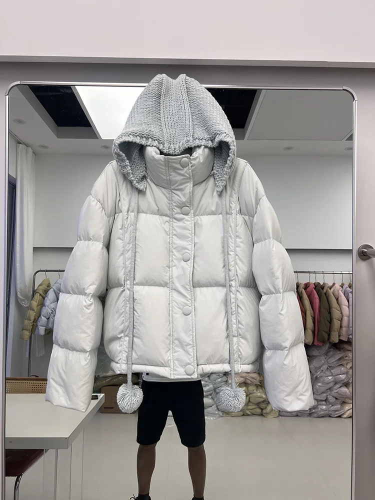 Knitted hooded patchwork detachable knitted hat down jacket women short style fashion white duck down jacket trendy