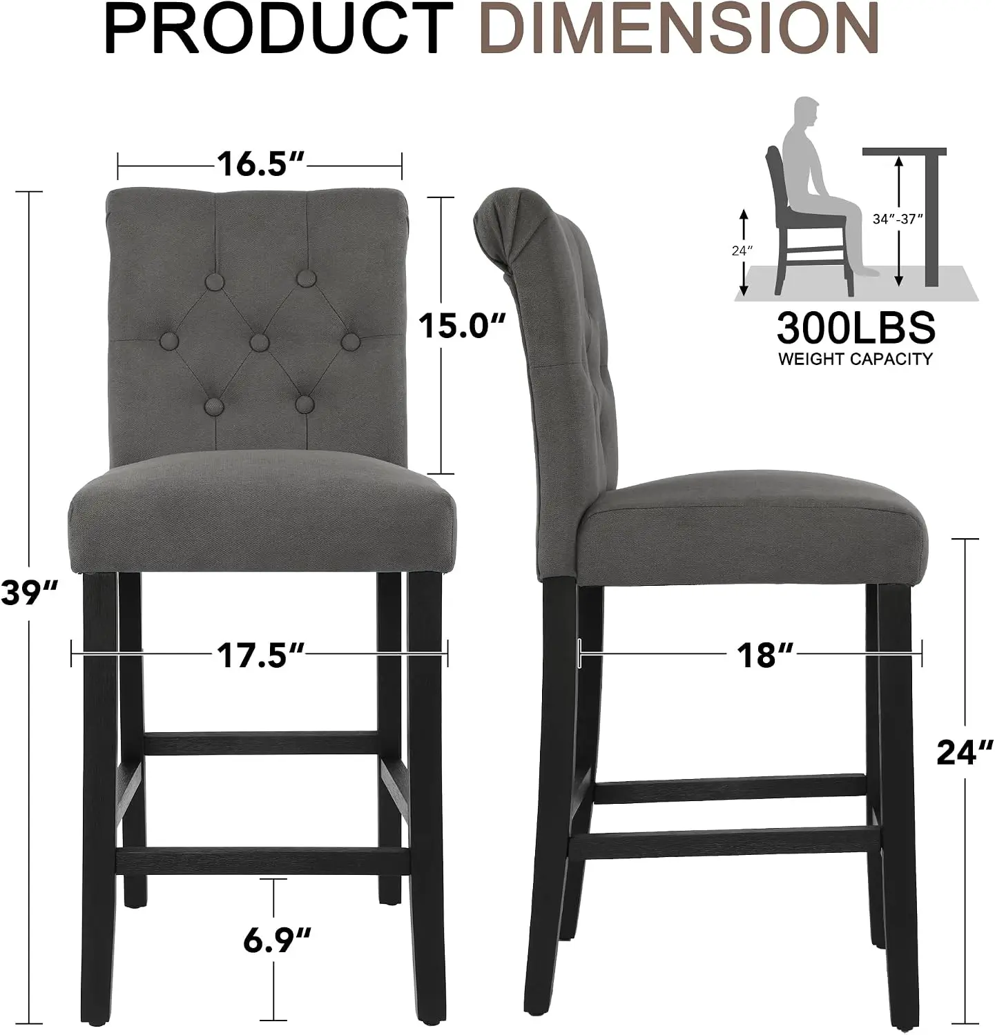 24 Inches Upholstered Counter Stools, Bar Stools Set of 2, Fabric Counter Stools with Back, Counter Height Bar Chairs with Solid