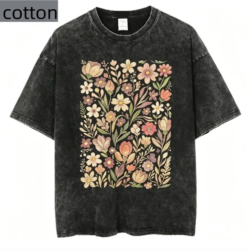 Vintage Floral Graphic T Shirt Women Pure Cotton Botanical Flower Print Tee Summer Retro Aesthetic Harajuku Casual Fashion Top