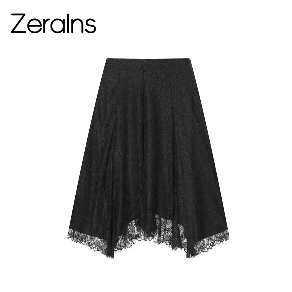 ZERAINS Winter new women's clothing asymmetrical A-line decorative layer hem mid waist lace MIDI midi skirt