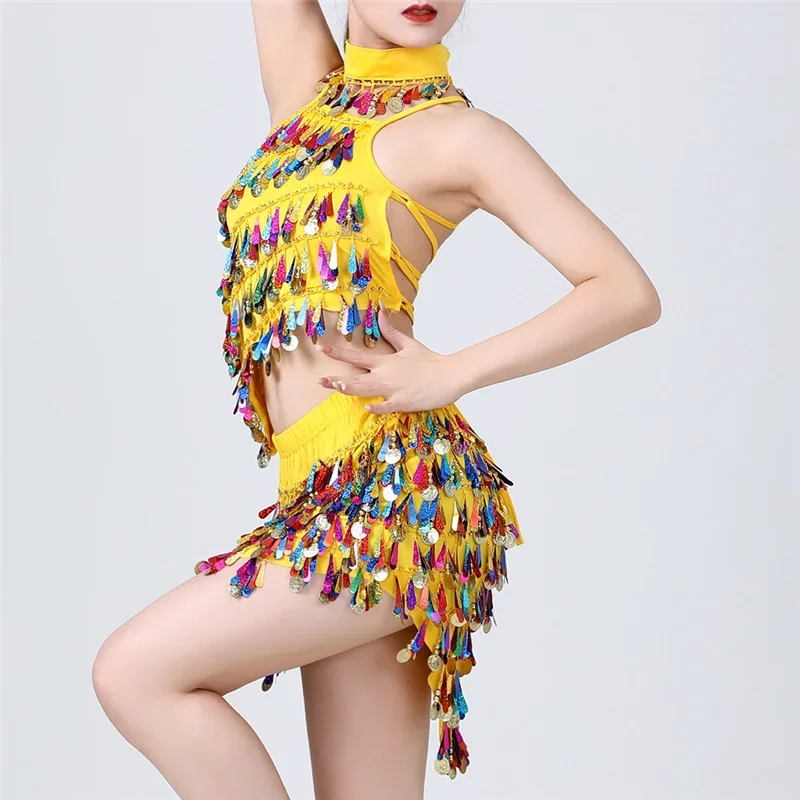 Women Sequins Coins Tassel Latin Dance Dress Set Dancing Dress Adult Fringe Skirt Dancewear  Salsa Tango Practice Suit Costume