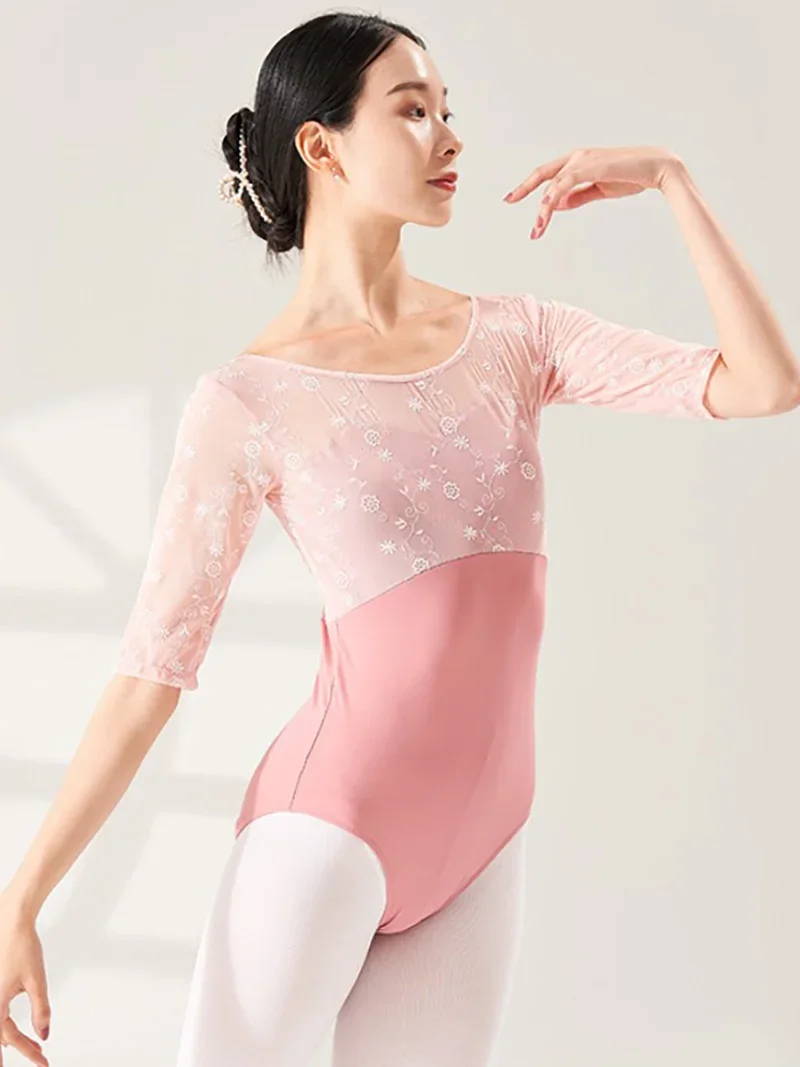 성인 여성 바디 트레이닝 발레리나 댄스웨어 레이스 프린트 백리스 서정적 댄스 발레 체조 레오타드 의상