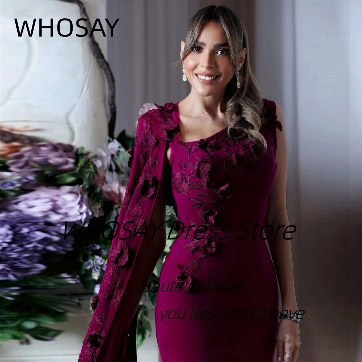 WHOSAY 2025 eleganti abiti da sera manica lunga 3D-Flowers Vestidos Des Noches Open Back fessura lunghezza del pavimento abito da ballo