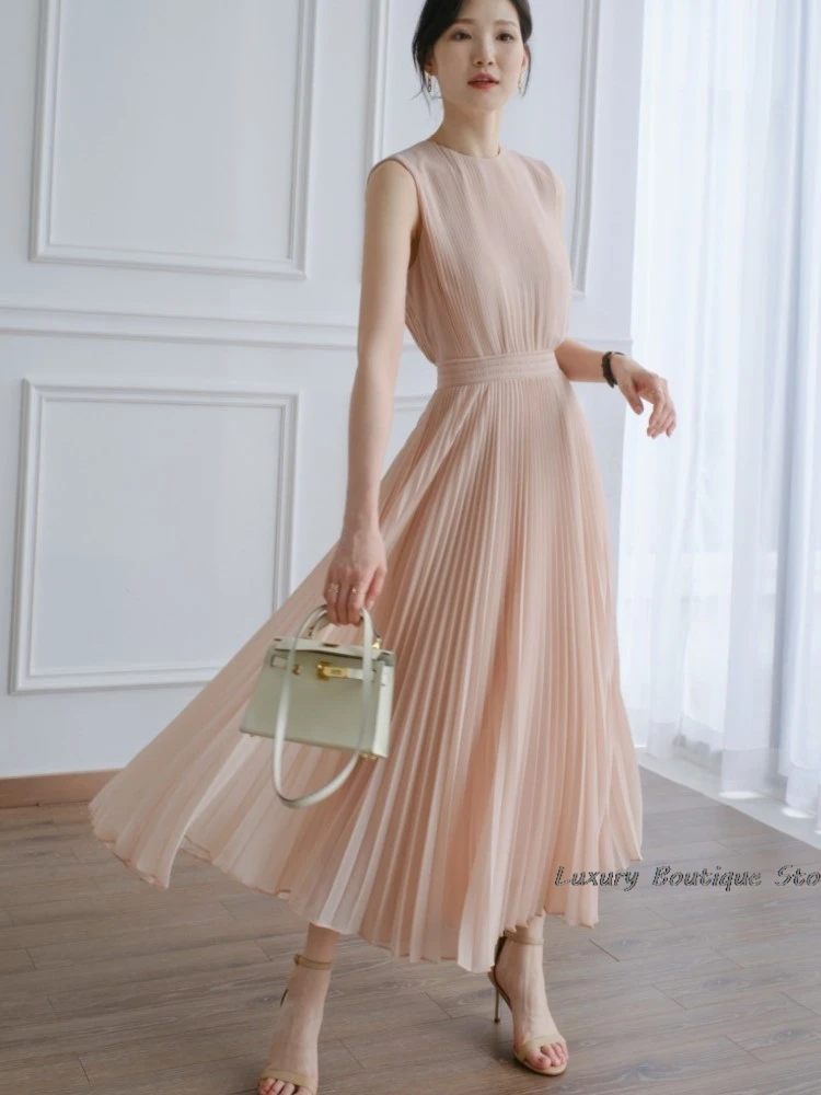 Zipper Chiffon Pink Pleated Women Dress 2024 New Casual O-neck Solid Color Sleeveless Tank Dresses Fashion Chic Female Clothing