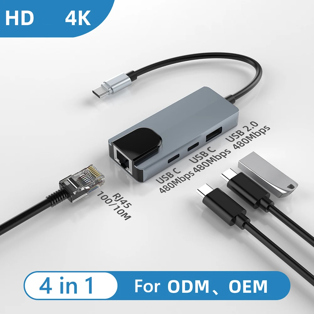 4 in 1 USB Type C To RJ45 Lan Network Card with 2* USB-C 1*USB-A 2.0 1*RJ45 100Mbps USB C To Ethernet Adapter for Laptop
