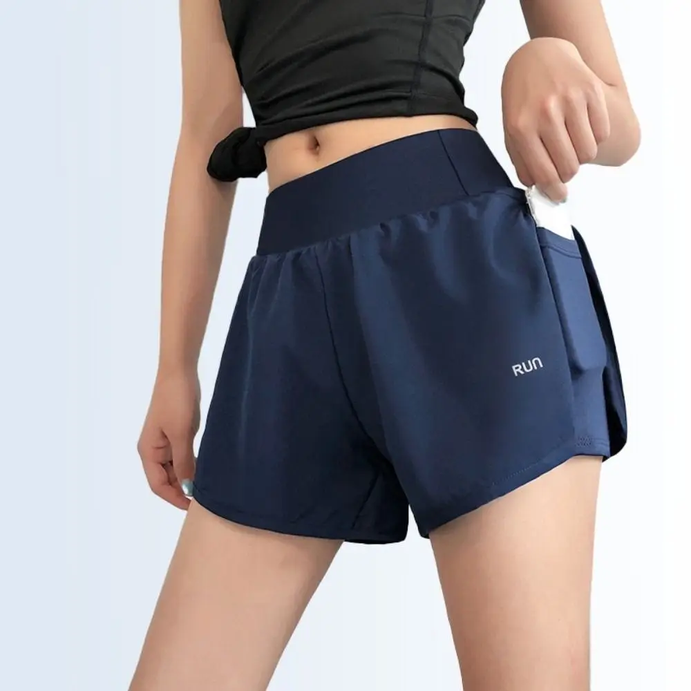 Casual Anti-glare Lining 2 in 1 Yoga Shorts Side Pockets Hem Elastic Sports Shorts Loose Fitting Breathable Fitness Shorts Yoga