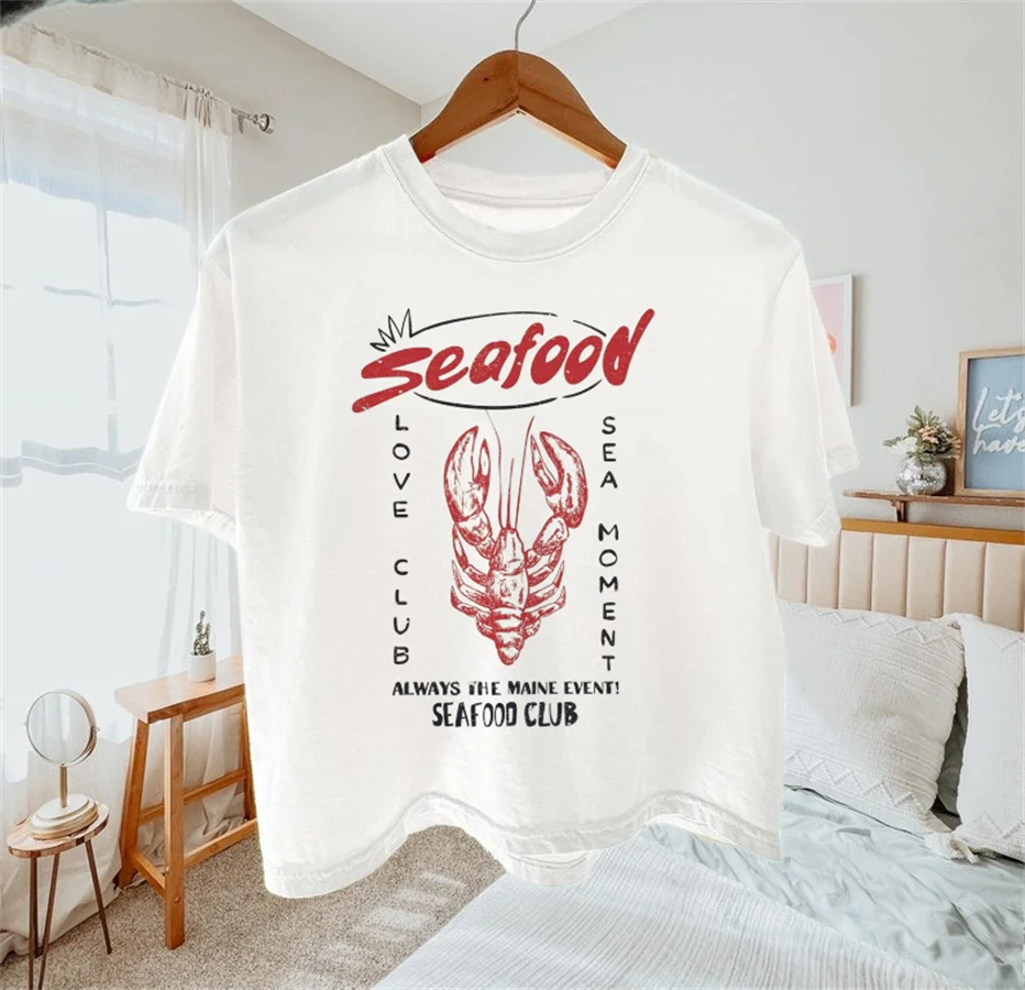 Seafood Club Lobster Printed Trendy Pattern Summer Style Vacation Women's White Top T-Shirt New Beach Casual Women's T-Shirt
