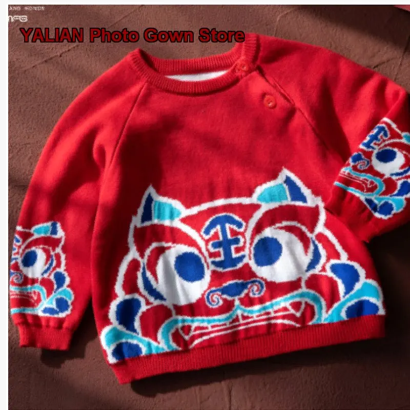 Infant Kids Pure Cotton Round Neck Pullover Sweater Boys Chinese Style Spring Autumn