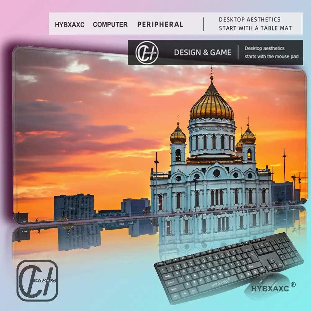 HYBXAXC Russische Kirche bei Sonnenuntergang Mauspad, Weiche Erweiterte Gaming-Schreibtischunterlage, Buntes Kuppelgebäude-Thema Rutschfeste Tastaturunterlage