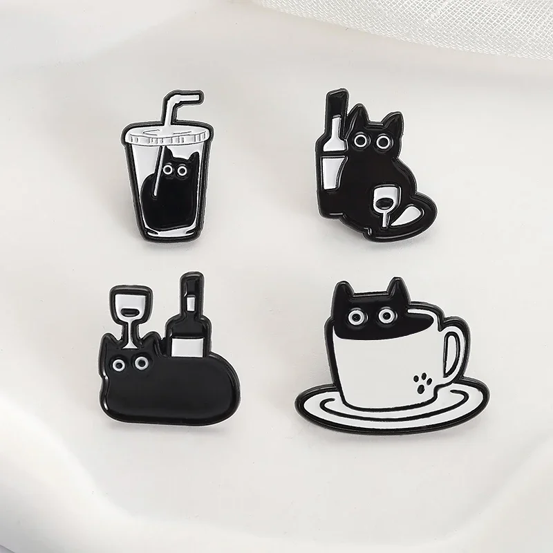 Creative Black Cat Ghost Enamel Pins Cartoon Cute Skull Kitty Mirro Knife Drink Wine Pizza Battery Lapel Badges Jewelry Gifts