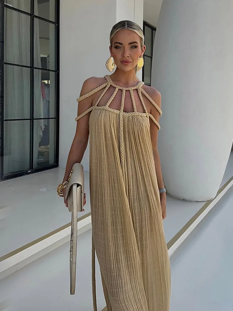 Fashion Hollow Out Backless Women Long Dresses Elegant Solid Bandage Halter Sleeveless Holiday Dress Female Beach Party Vestidos