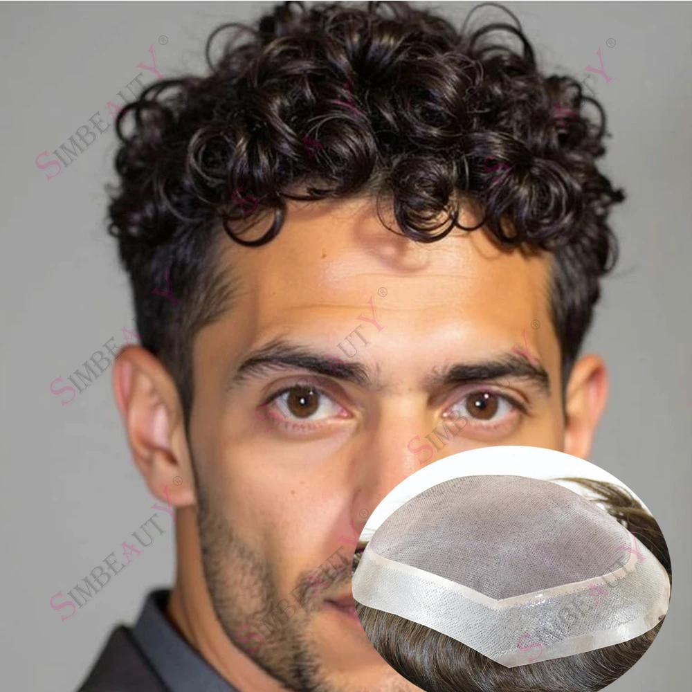 

20mm 25mm Curly Men's Europ Undetectable Toupee Light Brown Natural Virgin Human Hair Breathable Fine Mono PU Replacement System