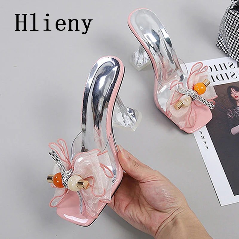 Hlieny Size 34-46 Summer Party Slippers Fashion Pink Bowknot Heels Sandals Women Square Open Toe PVC Transparent Shoes Slides