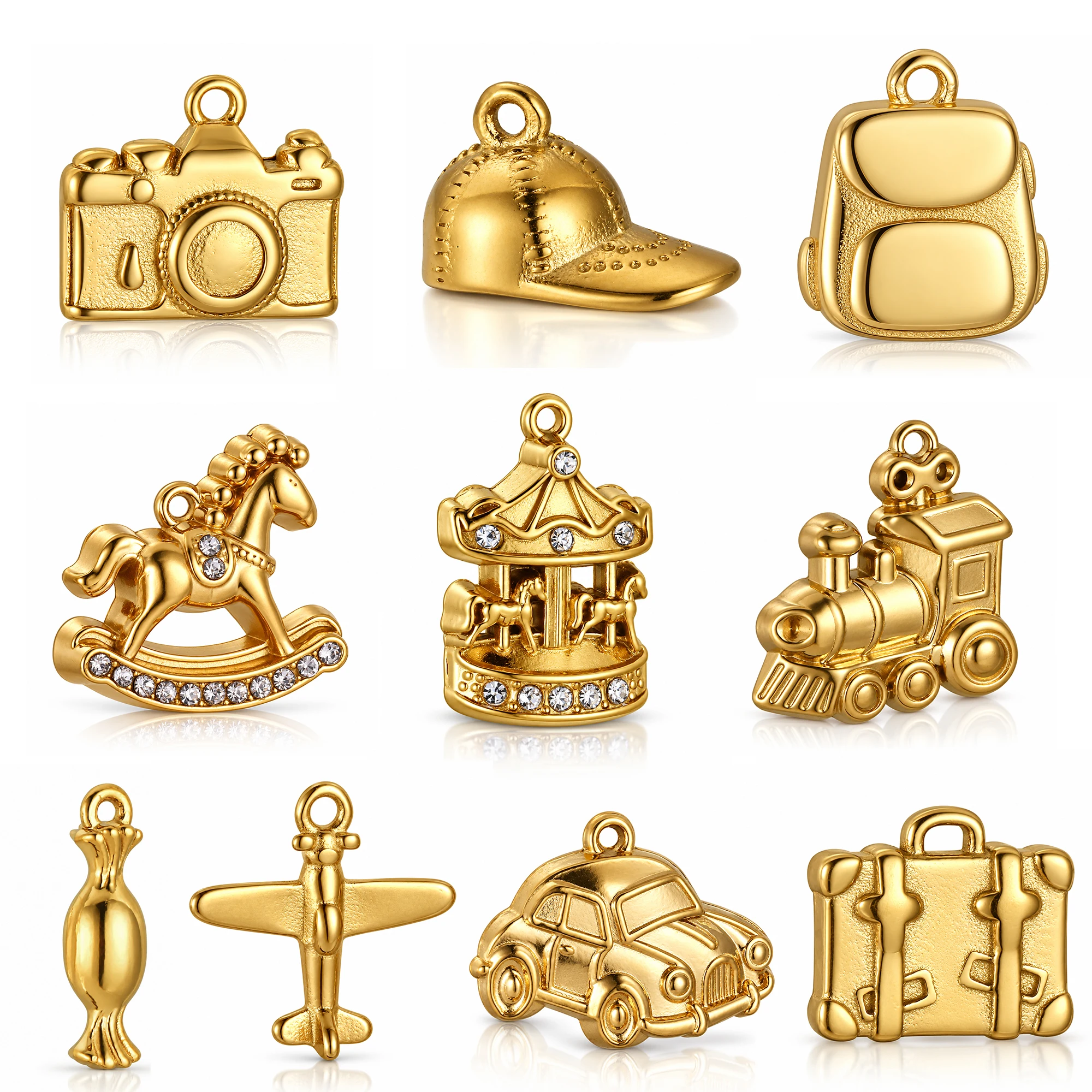 3Pcs Vintage Car/Camera/Train Charms Stainless Steel Rhinestone Rocking Horse/Suitcase Trip Pendants DIY Necklace Jewelry Making