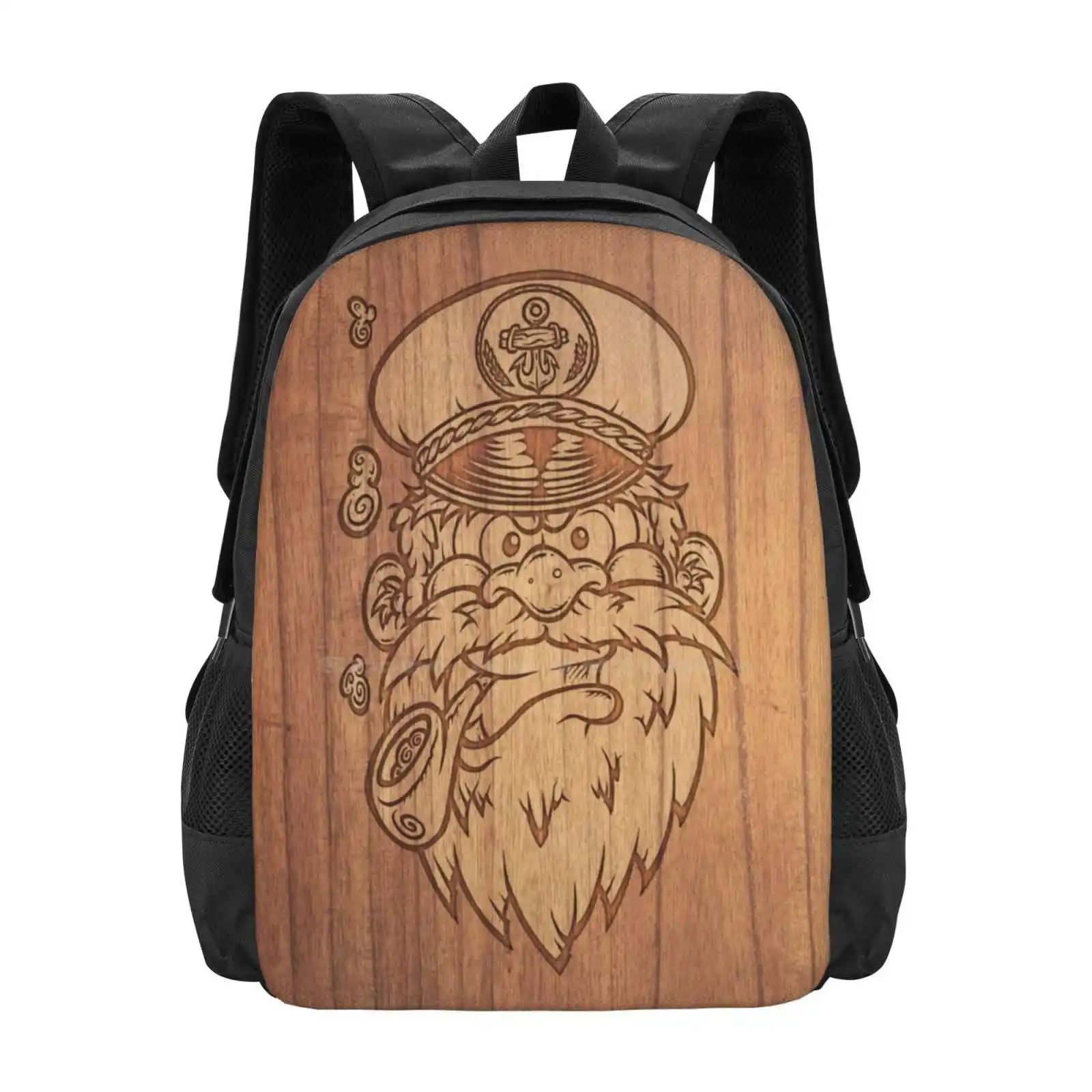 Captain Salty On Wood. Hot Sale Schoolbag Backpack Fashion Bags Pen Ink Comic Cartoon Surf Skate Tattoo Sea Ocean Captain Beard