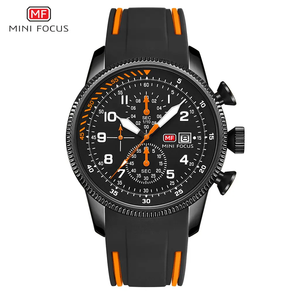 

MINI FOCUS Sport Quartz Watch for Men Fashion Waterproof Chronograph Wristwatch with Blue Silicone Strap Auto Date Luminous 0379