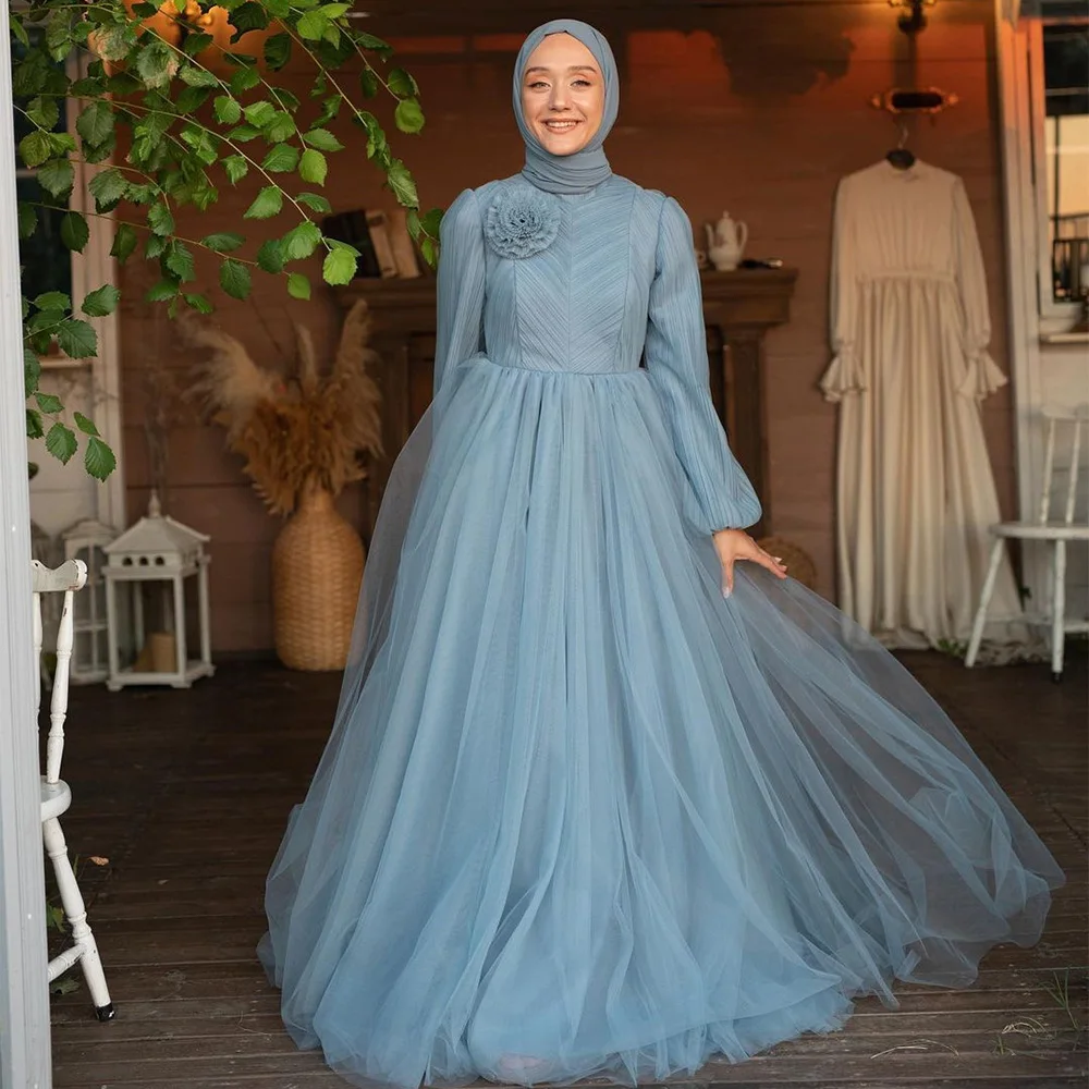 

Sevintage Modest Dusty Blue Tulle Prom Dresses Long Sleeves High-Neck A-Line Arabic Muslim Evening Dress Formal Party Gowns