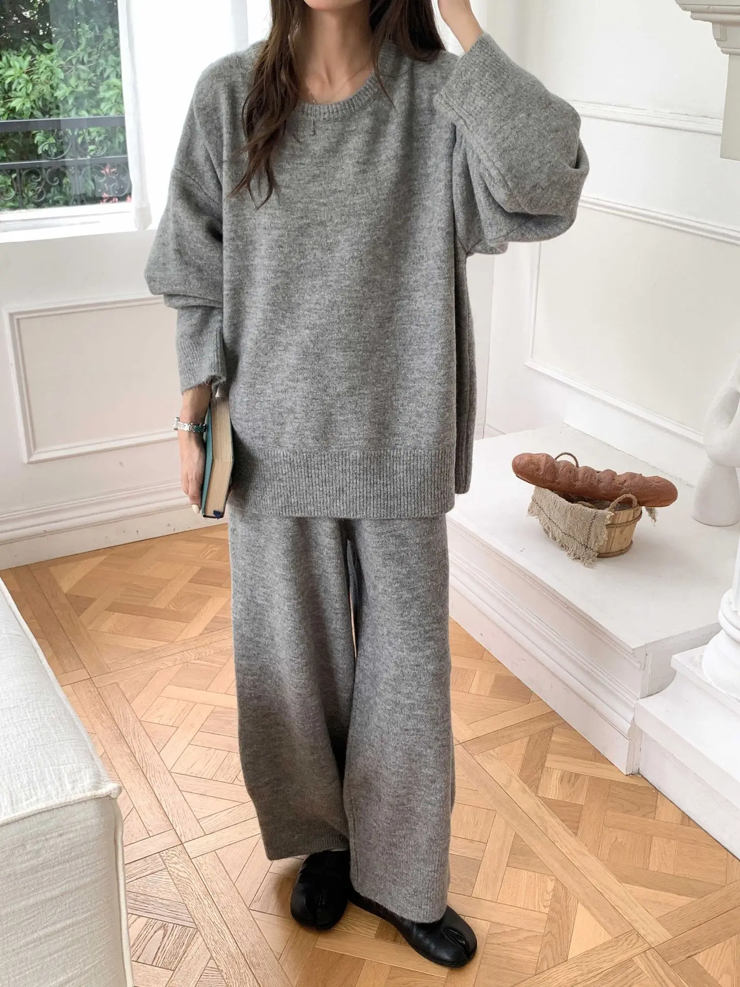 RZIV Bequemes einfarbiges Pullover-Set, Walking- und Strickset, Pullover + Hose mit weitem Bein