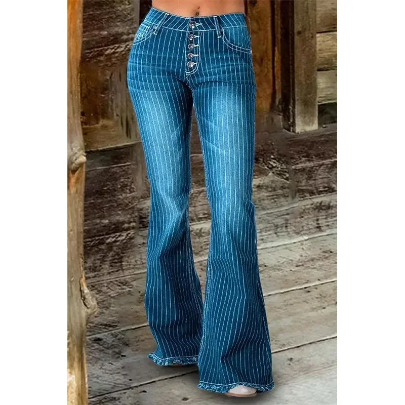 

Stripe Jeans Women Mid Waist Flare Pants Ladies Trousers Female Casual Slim 2025 Summer Button High Strecth Elegant Office Lady