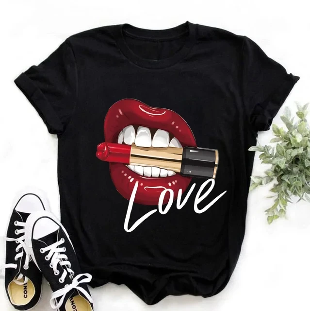 Summer Casual T Shirt dla kobiet Moda Okrągły dekolt sexy czarny Tshirt Funny Kiss Lip Odzież damska Usta Akwarela Grafika Topy